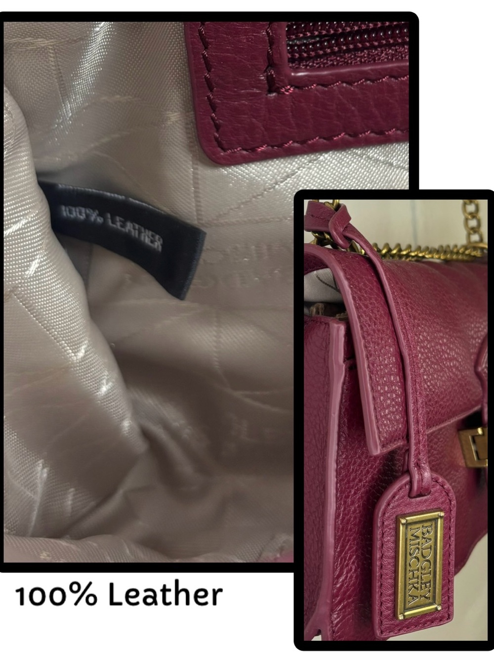 Badgley Mischka Burgundy Pebbled Leather Foldover Shoulder Bag Gold Chain - Picture 12 of 12
